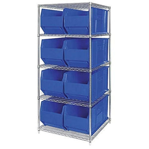 Bin Wire Shelving System, 36W X 36D X 74H, 800 Lbs Load Capacity Per Shelf, Includes: (5) Shelves And (8) Qus993 Blue Bins, Chro