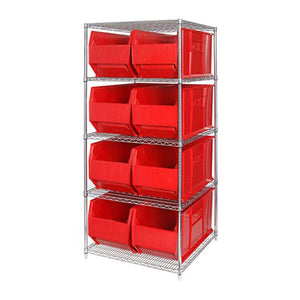 Bin Wire Shelving System, 36W X 36D X 74H, 800 Lbs Load Capacity Per Shelf, Includes: (5) Shelves And (8) Qus993 Red Bins, Chrom