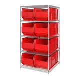 Bin Wire Shelving System, 60W X 36D X 74H, 600 Lbs Load Capacity Per Shelf, Includes: (5) Shelves And (8) Qus993 Red Bins, Chrom