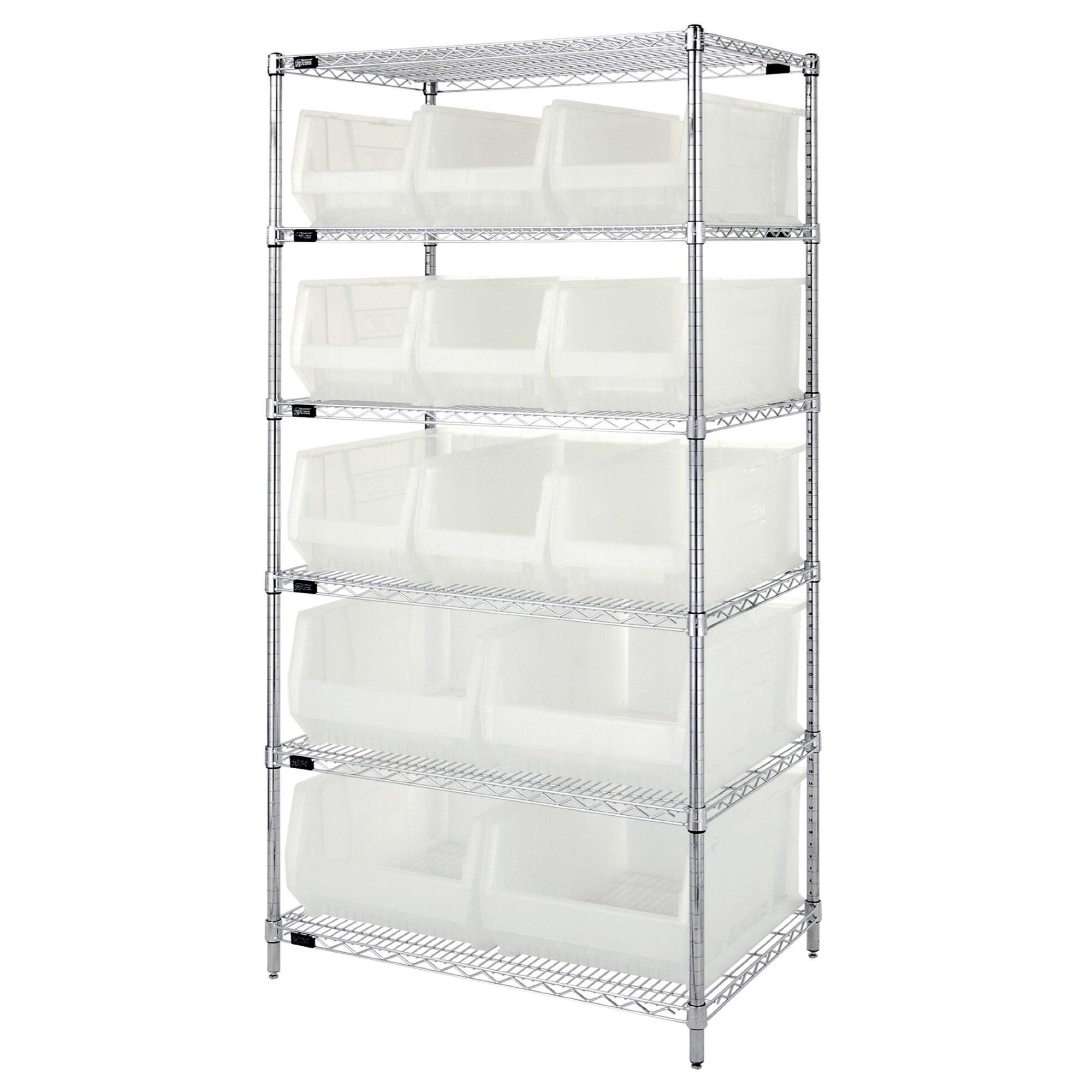 Bin Wire Shelving System, 36W X 24D X 74H Overall Size, 800 Lb. Capacity Per Shelf, Includes: (6) Wire Shelves, (4) Posts, (9) Q