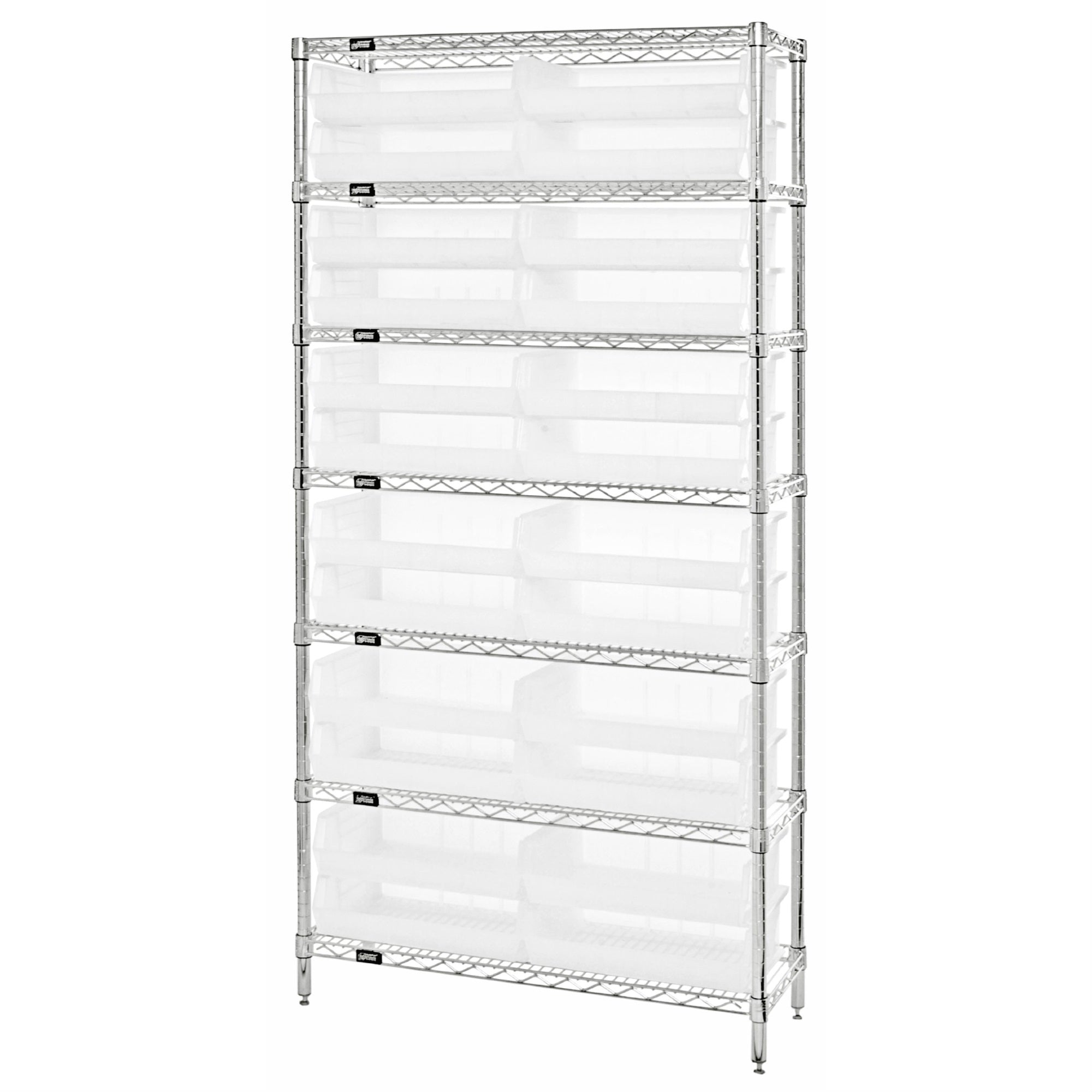 Bin Wire Shelving System, 36W X 12D X 74H Overall Size, 800 Lb. Capacity Per Shelf, Includes: (7) Wire Shelves, (4) Posts, And (