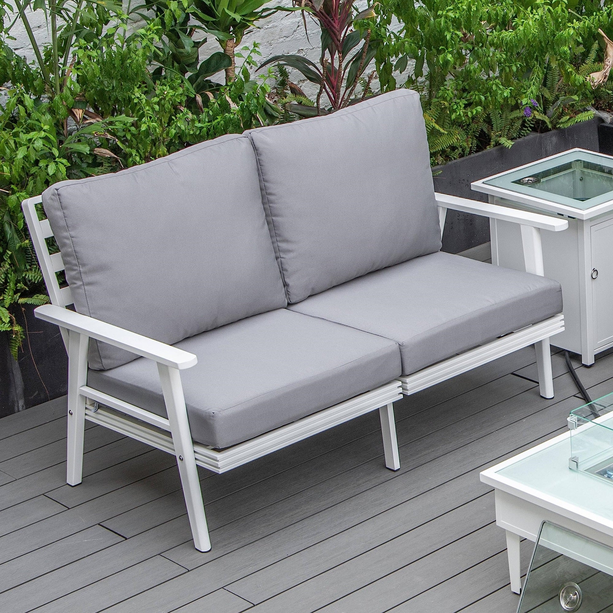Leisuremod Walbrooke Modern Outdoor Patio Loveseat With White Aluminum Frame And Removable Cushions For Patio And Backyard Garde