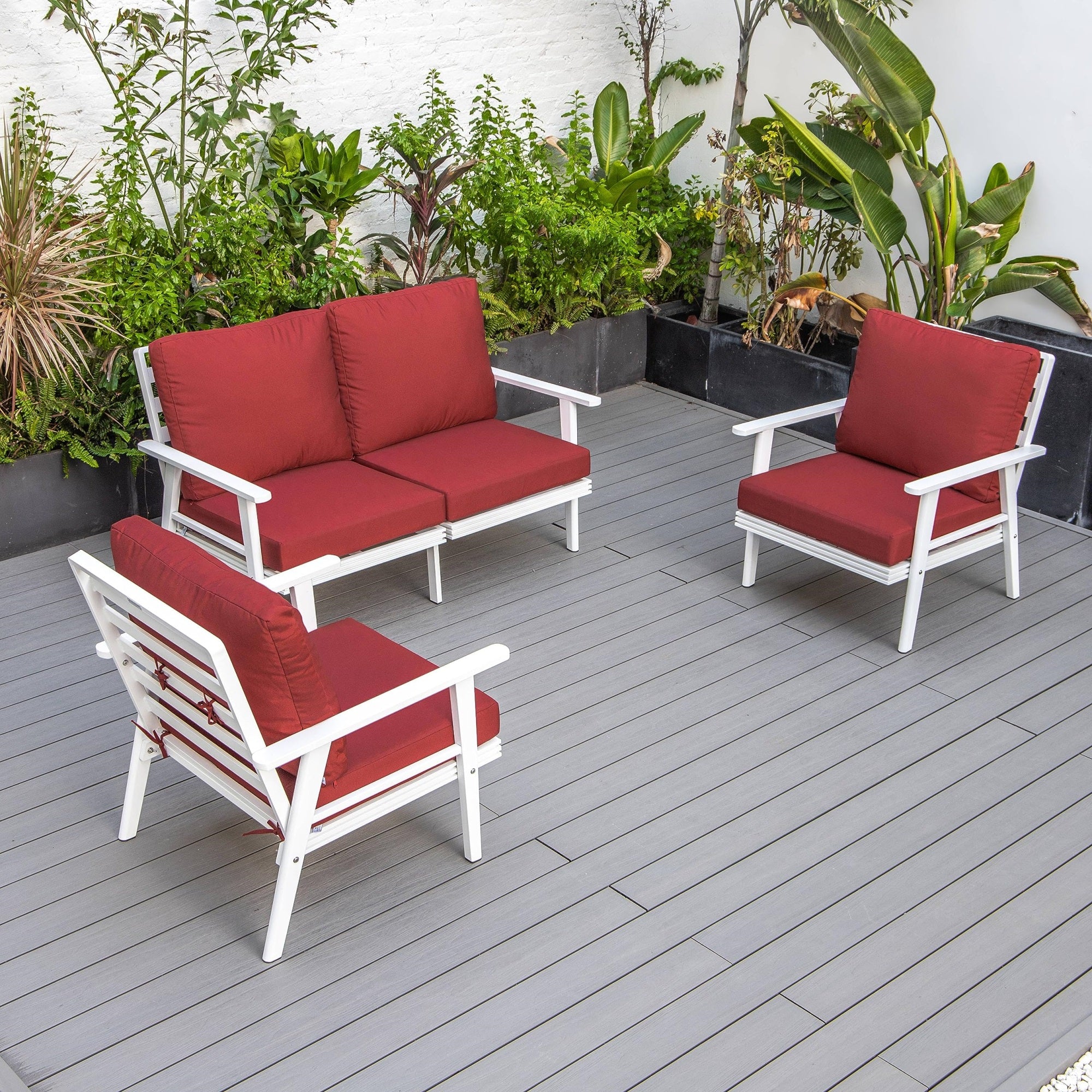 Leisuremod Walbrooke Modern 3-Piece Outdoor Patio Set With White Aluminum Frame And Removable Cushions Loveseat And Armchairs Fo