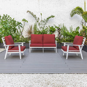 Leisuremod Walbrooke Modern 3-Piece Outdoor Patio Set With White Aluminum Frame And Removable Cushions Loveseat And Armchairs Fo