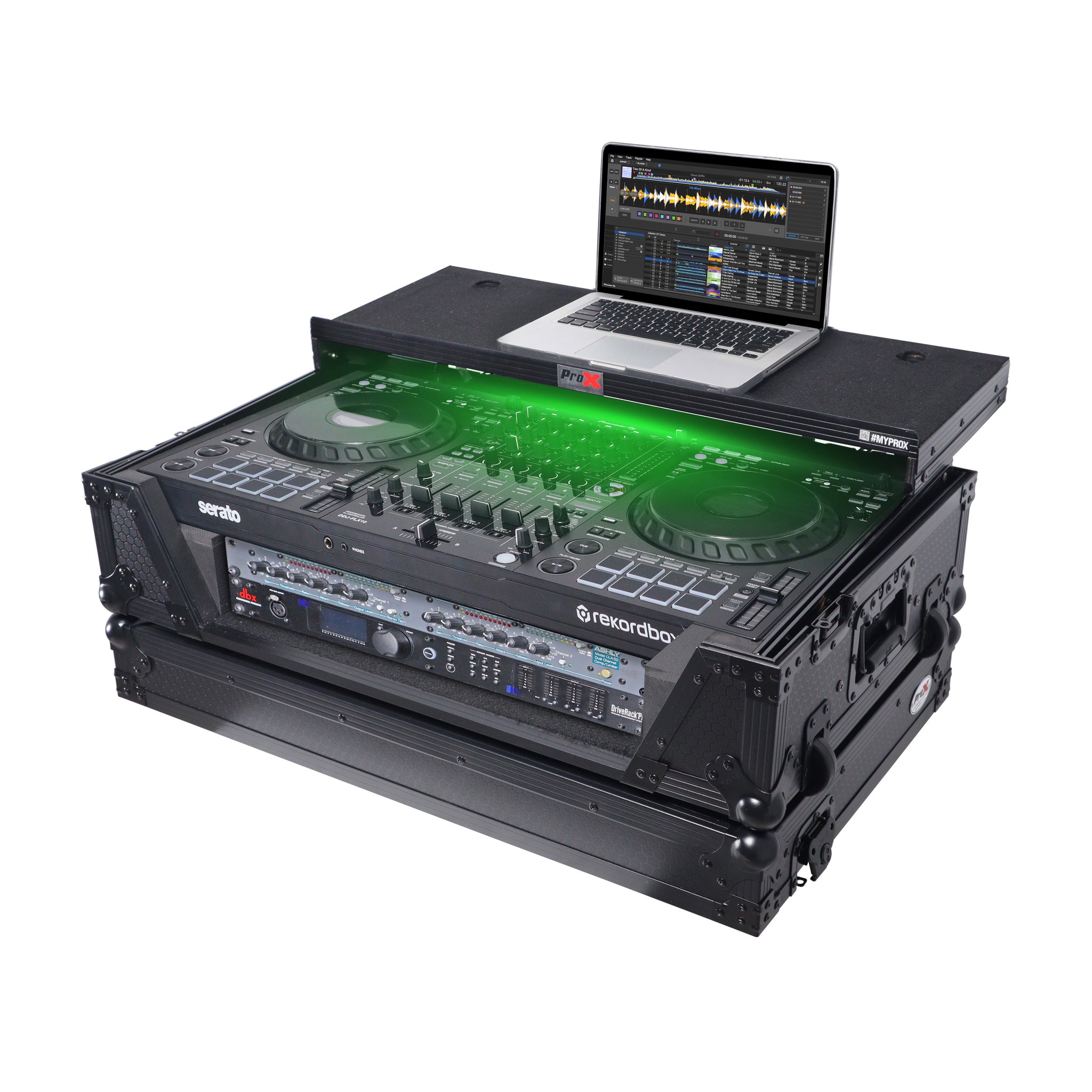 Flight Style Road Case For Pioneer Ddj-Flx10 Dj Controller With Laptop Shelf 2U Rack Space Wheels - Black Finish