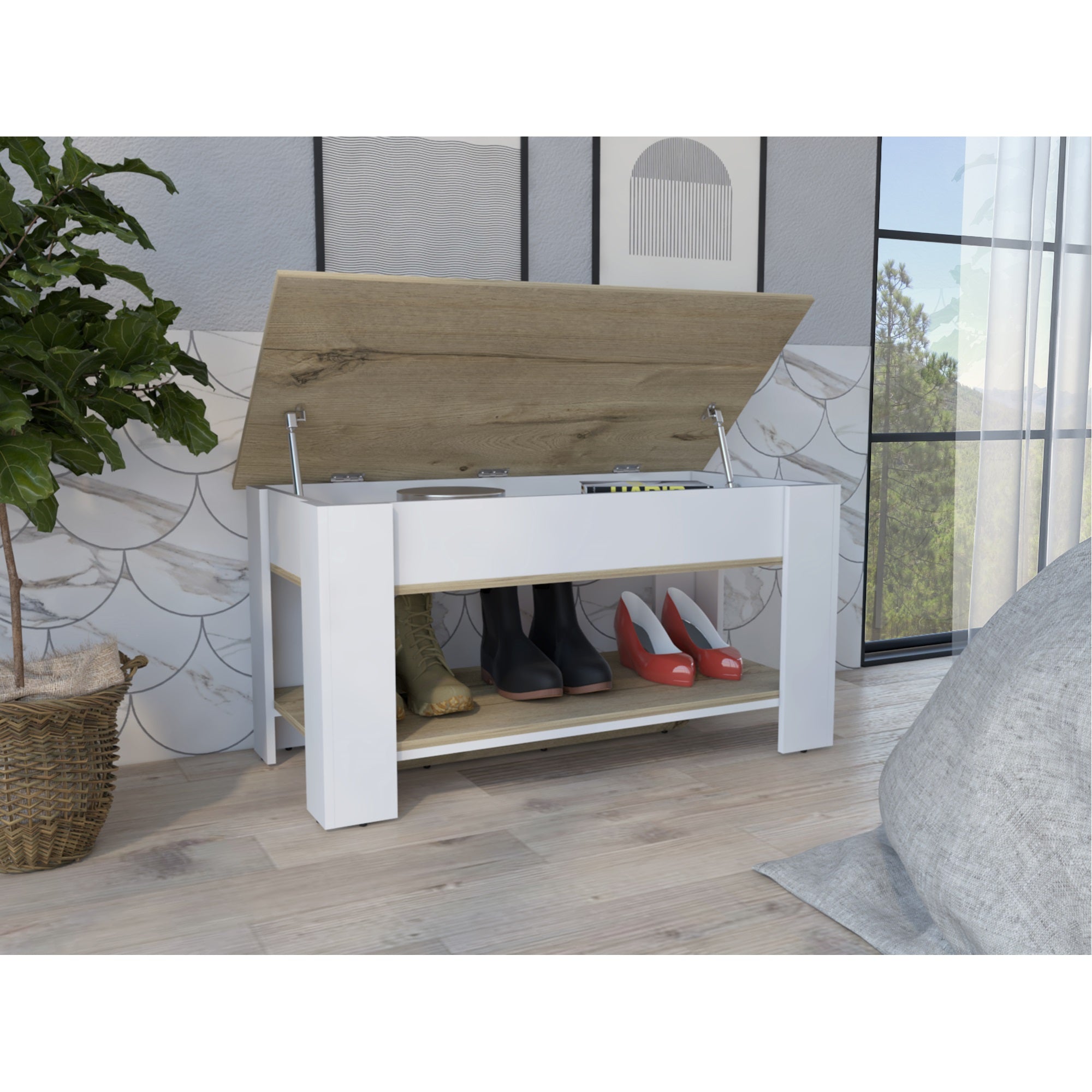 Tuhome Austin Storage Table, Internal Storage, One Flexible Table Shelf, Four Legs, Low Shelf-Light Oak/White, For Bedroom