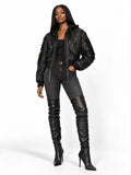 Lace Up Leather Bomber Jacket