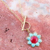 Blue Turquoise and Red Quartz Golden Chain Necklace