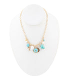 Blue Turquoise and White Pearl Multi Charm Golden Necklace