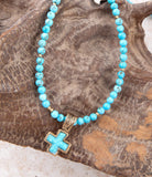 Blue Turquoise Cross Golden Pendant Necklace