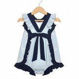 Classic Navy Gingham Bow and Button Romper