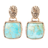 Carved Blue Turquoise Golden Drop Earrings