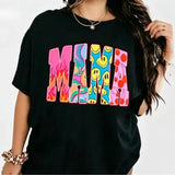 Color Block "MAMA" Graphic Tee – Trendy Retro Typography T-Shirt, Remastered Heavy Cotton Boho Mom Top, Soft Lived-In Relaxed Fit Casual Apparel, Made in USA