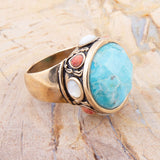 Champs Blue Turquoise and Coral Golden Statement Ring