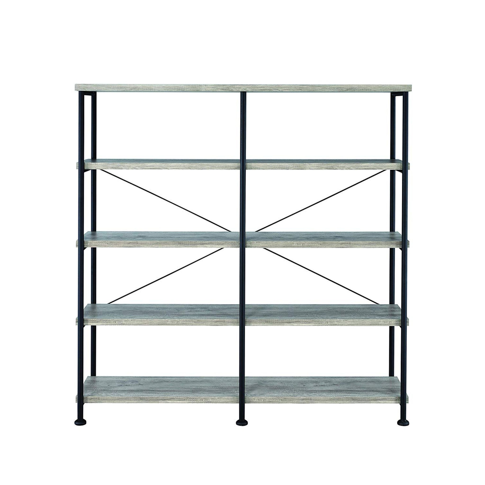 Coaster Home Furnishings Analiese Rustic Industrial 4-Tier Double Bookcase Etagere Bookshelf Office Storage Book Shelf Engineered Eco-Friendly Wood Laminate Sturdy Black Steel Grey Driftwood 801544
