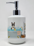 NEW Black White Bull Terrier in Bathtub Ceramic Soap Dispenser Hand Soap Dispenser Pump Bottles for Bathroom Kitchen, Empty Refi