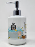 Black Silver Shih Tzu in Bathtub Ceramic Soap Dispenser Hand Soap Dispenser Pump Bottles for Bathroom Kitchen, Empty Refillable 