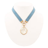 Blue Denim Dreams White Mother of Pearl Ribbon Golden Pendant Necklace