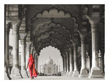 Woman In Traditional Sari Walking Towards Taj Mahal (Bw)-Paper Art-26,,X20,,