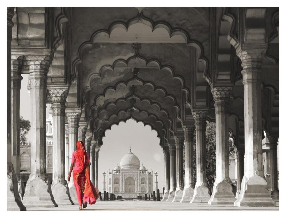 Woman In Traditional Sari Walking Towards Taj Mahal (Bw)-Paper Art-42,,X32,,