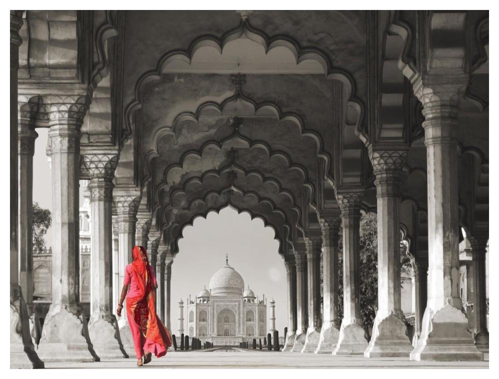 Woman In Traditional Sari Walking Towards Taj Mahal (Bw)-Paper Art-50,,X38,,