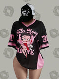 Streetwear Y2K Mesh Top – Vintage Doll Print V-Neck Shirt, Breathable Retro Aesthetic for Women