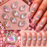 Queen - Nail Charms 10pc - #372 Silver Pink Iridescent Small Hearts with Crown
