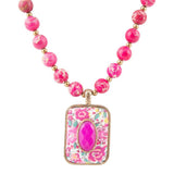 Pink Agate Stacked Stone Floral Pendant Necklace