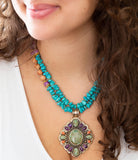 Prescott Blue Turquoise Purple and Orange Statement Pendant Golden Necklace