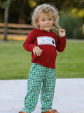 Christmas Tree Dog Smocking Embroidered Plaid Boys Set
