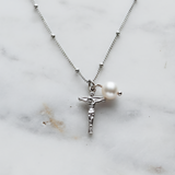 Crucifix & Pearl Necklace in Sterling Silver