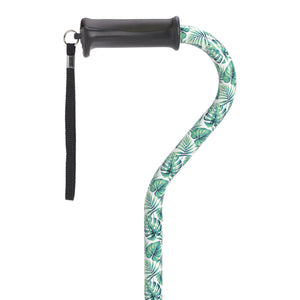 Adjustable Height Offset Handle Cane With Gel Hand Grip, Green Leaves