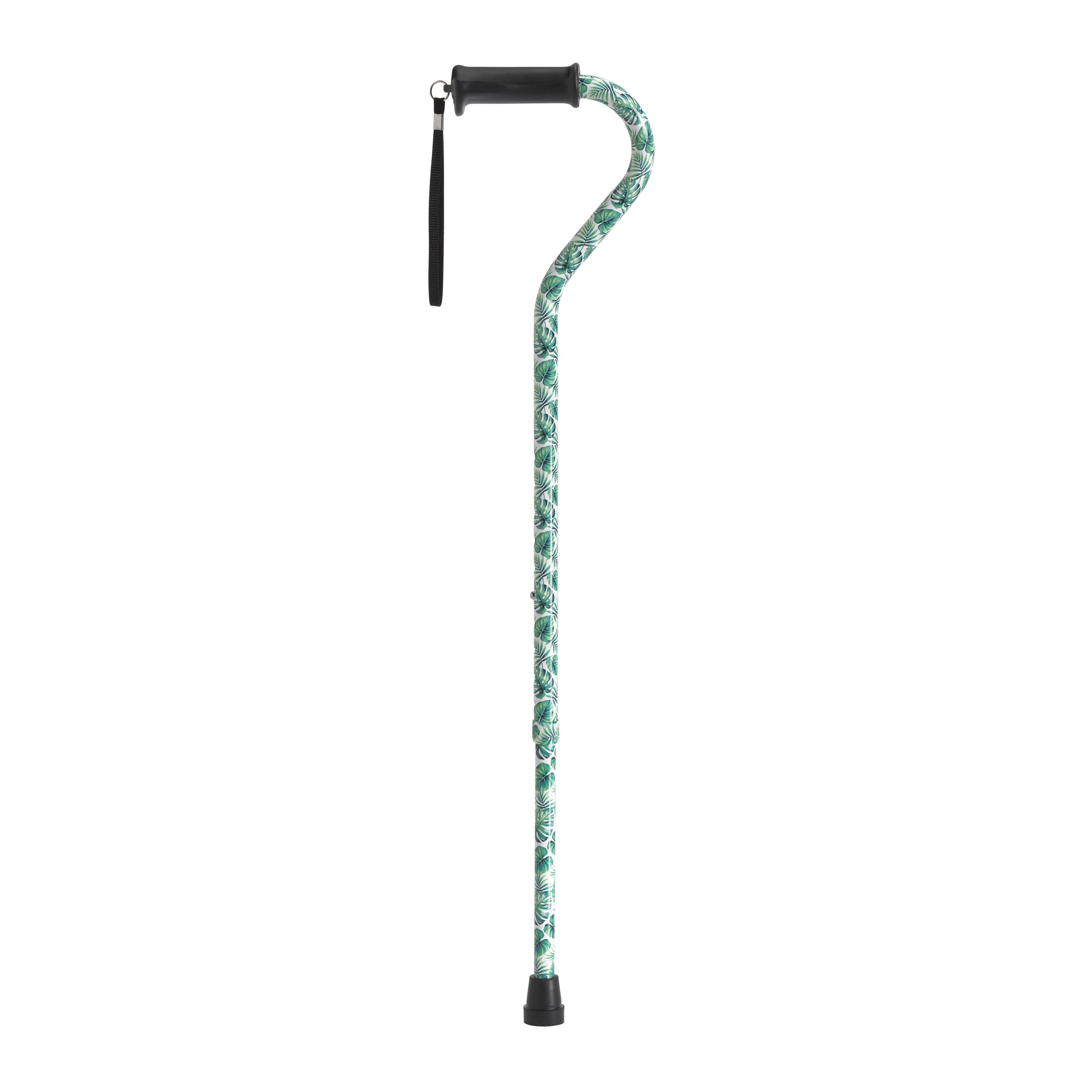 Adjustable Height Offset Handle Cane With Gel Hand Grip, Green Leaves