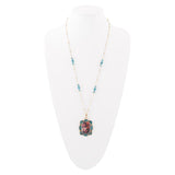 Scenic Red Florals Blue Apatite Golden Pendant Necklace