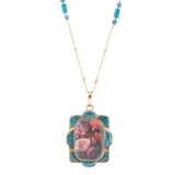 Scenic Red Florals Blue Apatite Golden Pendant Necklace
