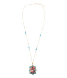 Scenic Red Florals Blue Apatite Golden Pendant Necklace