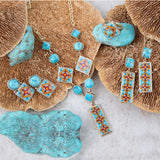 Talavera Tile Blue Turquoise Golden Drop Earrings