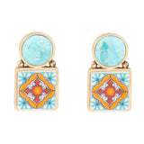 Talavera Tile Blue Turquoise Golden Drop Earrings