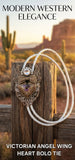 VICTORIAN ANGEL WING HEART BOLO TIE ~ PURPLE FLORAL ACCENT