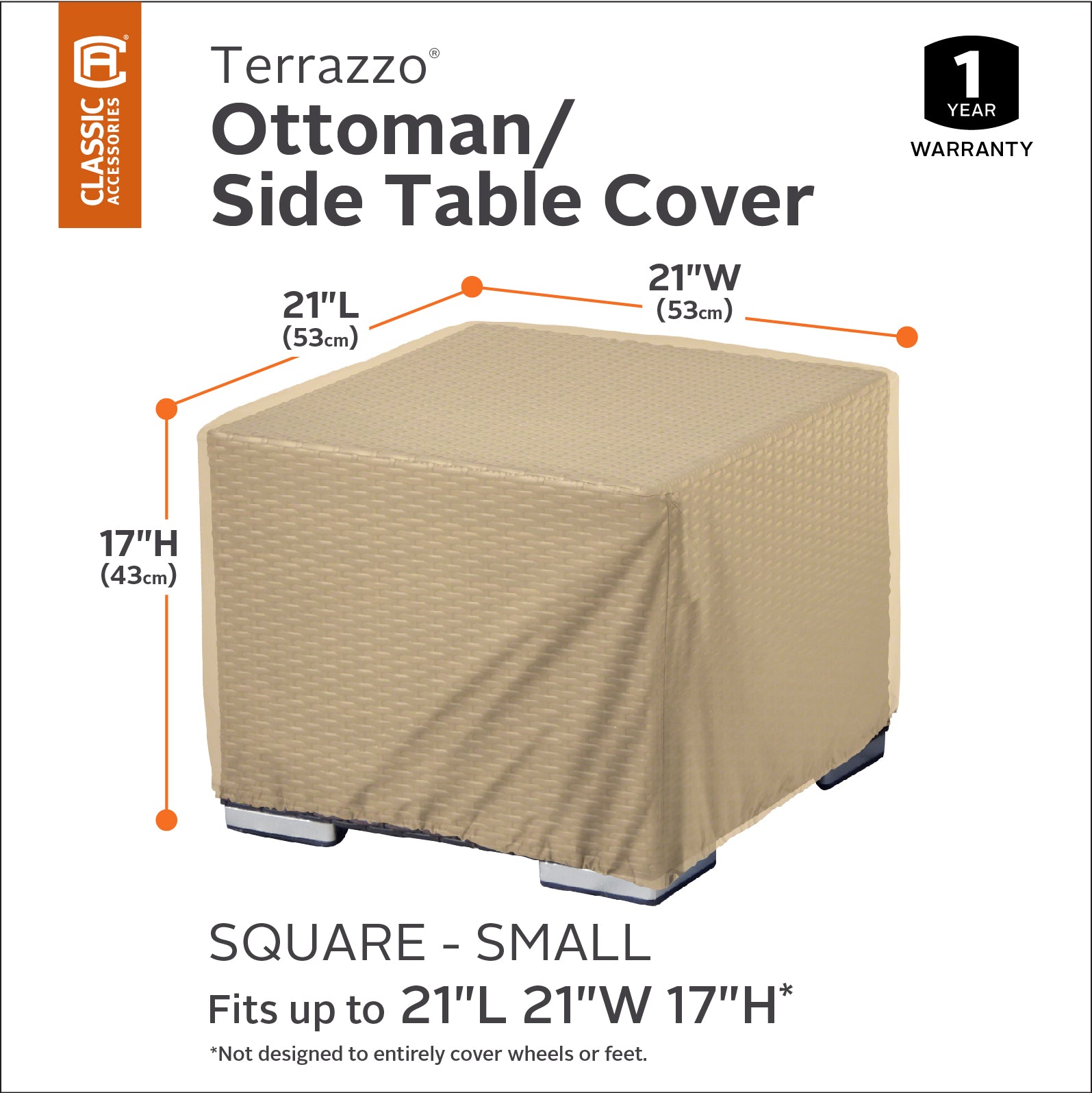 Classic Accessories Terrazzo Square Ottoman/Coffee Table Cover - All Weather Protection Outdoor Furniture Cover, Small (55-910-0
